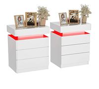 PIPIPOXER Lot de 2 Tables de Chevet,Table d'Appoint avec éclairage LED,Table de Nuit avec 3 Tiroirs et Rangement à Rabat supérieur Armoire pour Salon, Chambre à Coucher, Blanc,45 x 35 x 61 cm