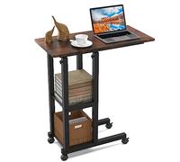 PIPIPOXER Table d'Appoint avec roulettes, 60cm x 30cm Table Roulante pour Lit Canapé, Table de Lit pour Ordinateur Portable, Hauteur Réglable 69-90cm, 4 Roulette Verrouillable,Cadre en Acier,Bois
