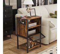 PIPIPOXER Table d'Appoint avec Station de Charge (2 Prises CA, 2 Ports USB), Table de Chevet avec 1 Tiroirs, Table de Nuit Cadre en Acier Robuste, Bout de Canapé pour Chambre, 40x30x65cm, Marron