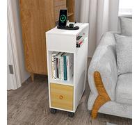 PIPIPOXER Table d'Appoint avec Station de Charge (2 Prises CA, 2 Ports USB), Table de Chevet avec roulettes, 1 Tiroirs et 2 Étagères, Table de Nuit Cadre en Bois, Bout de Canapé pour Chambre, Style 6