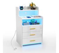 PIPIPOXER Table de Chevet avec Fonction de Charge et lumière LED,Table de Chevet avec 2 Prises et 2 Ports USB - Compartiment Ouvert pour Chambre à Coucher et Salon (Blanc, Lot de 1)