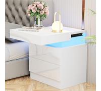 PIPIPOXER Table de chevet avec lumière LED, blanc brillant, avec 2 tiroirs, espace de rangement caché en haut, LED réglable, 16 couleurs, table d'appoint pour chambre à coucher, salon, moderne