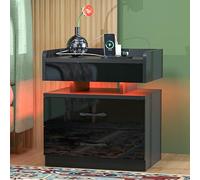 PIPIPOXER Table de Chevet avec Station de Charge, Table de Nuit Multifonctionnelle avec 2 Tiroir, 16 Couleurs LED, 4 Modes de Luminosité, (45x35x52cm) Grande Capacité Chevet de Lit pour Chambre, Noir