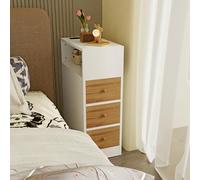 PIPIPOXER Table de Chevet Étroite avec Multiprise, Table de Nuit avec 1 Compartiments Ouverts et 3 Tiroir, Chevet de Lit,Table d’Appoint, pour Chambre, Salon,Blanc + Naturel
