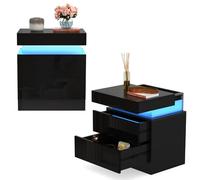 PIPIPOXER Table de Chevet LED, Lot de 2 Table de Nuit avec 2 Tiroir, Tables de Chevet Haute Brillance, 16 Couleurs Lumières LED, 4 Modes de Luminosité pour Chambre à Coucher(52x35x45cm), Noir