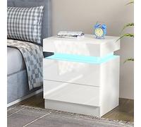 PIPIPOXER Table de Chevet LED, Tables de Chevet Haute Brillance avec 2 Tiroir, Table de Nuit,16 Couleurs Lumières LED, Haute Brillance Table d'Appoint pour Chambre à Coucher (45x35x52cm), Blanc