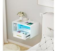 PIPIPOXER Table de Chevet suspendu Brillance - Avec Prise et LED - étagère murale - 1 tiroir