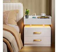 PIPIPOXER Table de Chevet,Table d'appoint Noire avec Prise et branchements, Tables de Chevet en Bois avec 2 tiroirs, Armoire d'appoint pour Salon, lit de Chambre 40x35x65cm,Blanc