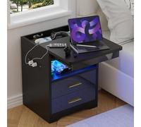 PIPIPOXER Tableau de Chevet avec éclairage LED,Table d'appoint avec Douille et connexions,Table de Nuit avec 2 tiroirs après Armoire pour Chambre, Salon