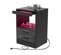 PIPIPOXER Tableau de Chevet avec éclairage LED, Table d'appoint en Noir avec Douille et connexions, Tables de Chevet en Bois avec 2 tiroirs après Armoire pour Le Salon,lit de Chambre 40x35x60cm Noir
