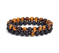 pipisweet Lot de 2 bracelets de distance pour couples en pierre naturelle œil de tigre de lave pour homme et femme Corde élastique Bijoux Cadeau, taille unique, 17 cm-6,7 inch_8 mm_6, Agate