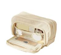 pipisweet Lot de 2 trousses à crayons multicouches de grande capacité, une boîte de papeterie simple et polyvalente pour étudiants et trousse de rangement de maquillage, beige, Taille unique