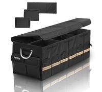PIPTang 90cm XLarge 100L Pliable Gestionnaire Coffre Voiture & Couvercle, Gestionnaire Rangement, Poignée Aluminium, Bandes Réfléchissantes, Multi-compartiments, SUV Road Emergency Noir (XL 90CM 100L)