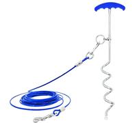 Piquet d'attache pour chien et câble de 9,1 m - Piquet en spirale robuste - Corde en métal - Crochet pivotant à 360° pour chiens de petite, moyenne et grande taille - Piquet en forme de T