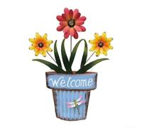 Piquet de bienvenue en fer avec panneau de bienvenue en forme de tournesol - Support de plante en métal résistant aux intempéries pour allée de pelouse - Décoration rouge vif bleu blanc - Unité unique
