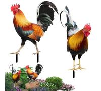 Piquet de jardin en forme de coq - Paire de décorations de pelouse rustique, décoration à ressort stable en métal, revêtement résistant à la lumière, placement facile, base de piquet stable | Idéal