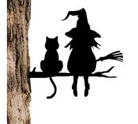 Piquet Jardin Métal - Décoration Silhoueťte Sorcière Et Chat | Ornement Extérieur Pelouse Charmant | Bouchon Souches Arbre Résistant Intempéries | Panneau Décoratif Halloween Cour Couronne Terrasse Am
