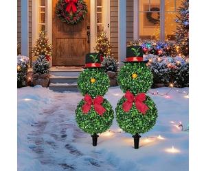 Piquet topiaire de Noël en buis, bonhomme de neige artificiel de 80 cm avec nœud rouge et chapeau de Père Noël, grands topiaires de Noël réalistes pour décoration intérieure ou extérieure (2 x deux