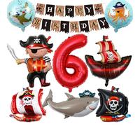 Pirate Ballons Anniversaire 6 Ans,Géant Ballons de Crâne Bateau Pirate,6 Ans Pirate Ballons Garcon Set,Ronds d'Animaux Océan Ballons d'Aluminium pour Enfants Anniversaire Pirate Thème Fête Décoration
