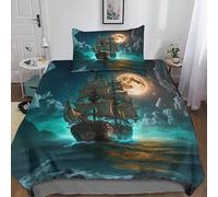 Pirate Boat Housse De Couette Single（135x200cm）, Doux Et Souple Confortable Sailboat Pleine Lune Linge De Lit, Respirant Parure De Lit Hygroscopique Literie