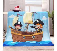 Pirate De Dessin Animé Voilier Couverture Plaid Bleu Plaid Polaire, Couverture et Plaid Canapé Grande Taille en Flanelle Douce et Chaude, Confortable pour Enfants et Adultes 130x150 cm