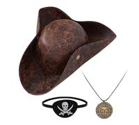 Pirate Hat, Pirates Headwear, Artificial Leather Retro Costume Cap With Eye Patch and Necklace, Bucaneer Head Wear for Halloween, Party, Cosplay, Role Play, 14.17x15.35x3.54 Inches Hats Size
