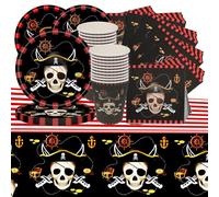 Pirate Skull Thème Vaisselle de Fête, Anniversaire Vacances Fête Décoration Vaisselle Comprend Assiettes, Tasses, Serviettes en Papier, Nappes Total 61 Pièces Pour 20 Personnes Parti.