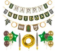 Pirese Décorations d'anniversaire fantastiques épiques - Kit de bannière d'anniversaire fantastique avec ballons, bannière « Happy Birthday » pré-cordée, ballon doré avec anneau doré, épée et étoile