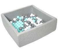 My Velinda Piscine à balles pour enfant 90×90 cm Aire de jeu +150 balles (blanc, gris, turquoise)