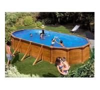 Piscine acier aspect bois Mauritius ovale 7,30 x 3,75 x 1,32 m - Gré - Filtre à sable - Hors-sol