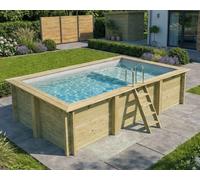 Piscine bois Altanka AQUA rectangulaire avec plage 4,65 x 2,85m H 1,24m liner gris, pose sur dalle