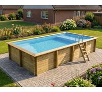 Piscine bois Altanka AQUA rectangulaire avec plage 8,5 x 4,35m H 1,45m liner bleu, pose sur dalle
