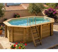 Piscine bois Altanka NEMO octogonale allongée 4,3 x 3m H 1,18m liner sable, pose sur dalle