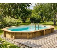 Piscine bois Altanka NEMO octogonale allongée 4,3 x 3m H 1,31m liner beige, ancrage béton