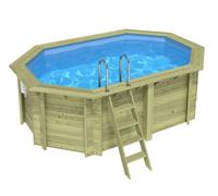 Piscine bois Altanka NEMO octogonale allongée 4,3 x 3m H 1,31m liner bleu, pose sur dalle