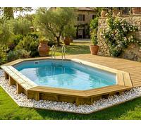 Piscine bois Altanka NEMO octogonale allongée 4,3 x 3m H 1,31m liner gris, sans dalle béton