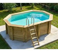 Piscine bois Altanka NEMO octogonale allongée 4,3 x 3m H 1,31m liner sable, pose sur dalle