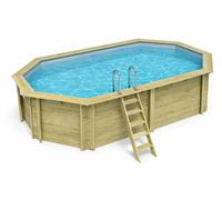 Piscine bois Altanka NEMO octogonale allongée 5,79 x 3,49m H 1,45m liner gris, sans dalle béton