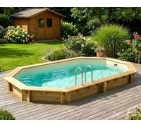 Piscine bois Altanka NEMO octogonale allongée 5,79 x 3,49m H 1,45m liner sable, pose sur dalle