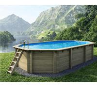 Piscine bois Altanka NEMO octogonale allongée 7,3 x 3,97m H 1,45m liner bleu, pose sur dalle