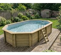 Piscine bois Altanka NEMO octogonale allongée 7,3 x 3,97m H 1,45m liner gris, pose sur dalle