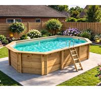 Piscine bois Altanka NEMO octogonale allongée 7,3 x 3,97m H 1,45m liner sable, pose sur dalle