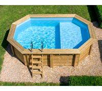 Piscine bois Altanka NEMO octogonale allongée avec plage 4,3 x 3m H 1,18m liner bleu, pose sur dalle