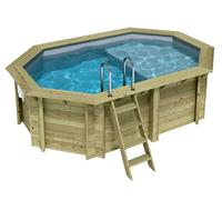 Piscine bois Altanka NEMO octogonale allongée avec plage 4,3 x 3m H 1,18m liner gris, pose sur dalle