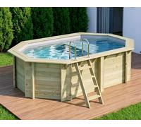 Piscine bois Altanka NEMO octogonale allongée avec plage 4,3 x 3m H 1,18m liner gris, sans dalle béton