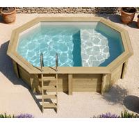 Piscine bois Altanka NEMO octogonale allongée avec plage 4,3 x 3m H 1,18m liner sable, ancrage béton