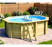 Piscine bois Altanka NEMO octogonale allongée avec plage 4,3 x 3m H 1,31m liner bleu, ancrage béton