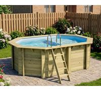 Piscine bois Altanka NEMO octogonale allongée avec plage 4,3 x 3m H 1,31m liner bleu, pose sur dalle