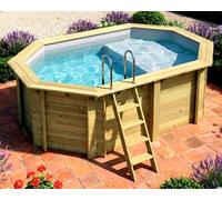 Piscine bois Altanka NEMO octogonale allongée avec plage 4,3 x 3m H 1,31m liner gris, ancrage béton