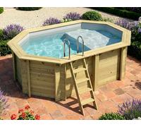 Piscine bois Altanka NEMO octogonale allongée avec plage 4,3 x 3m H 1,31m liner gris, pose sur dalle